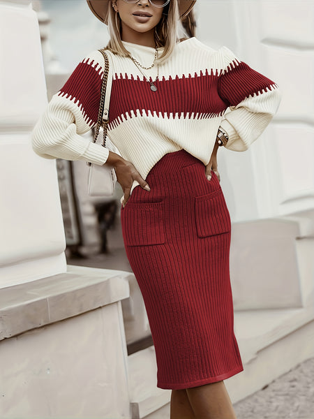 High Neck Pullover Skirt Split Two-Piece Color Block Contrast Thick Long Sleeve Sweater Set, Winter Wardrobe, Elegant Style, Color Block Design, Thick Fabric, Pullover Top, Long Sleeve Skirt, Women'S Fashion, Office Wear