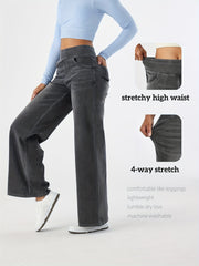 Women'S High-Waist Stretch Denim Wide-Leg Pants with Multiple Pockets, Distressed Vintage Casual Denim Long Pants