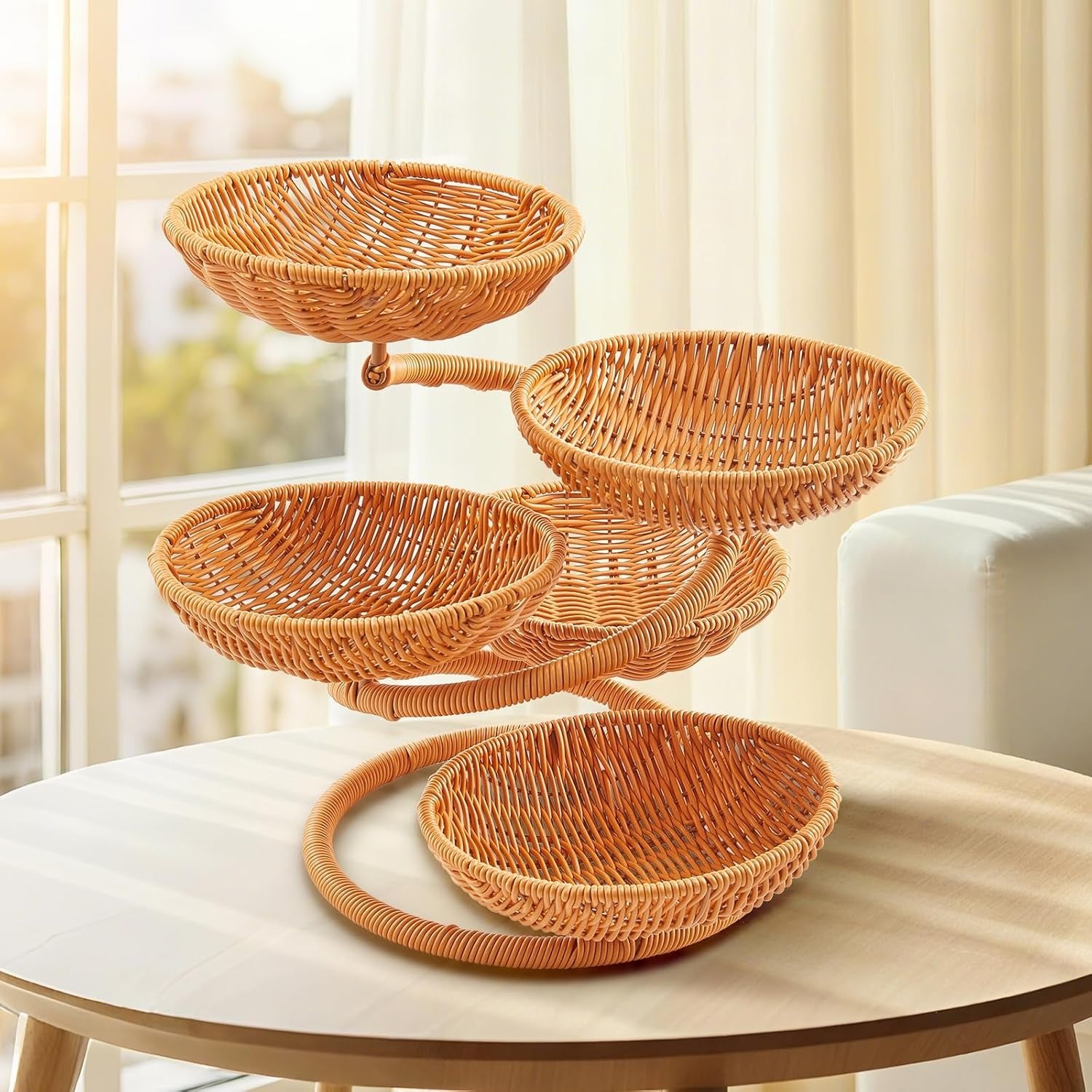 Multi-Layer Fruit Basket Stand, Creative Snack & Bread Storage Tray, Faux Rattan Handwoven Serving Basket for Fruits, Vegetables & Desserts, Lightweight Decorative Organizer for Kitchen & Living Room
