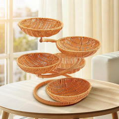 Multi-Layer Fruit Basket Stand, Creative Snack & Bread Storage Tray, Faux Rattan Handwoven Serving Basket for Fruits, Vegetables & Desserts, Lightweight Decorative Organizer for Kitchen & Living Room
