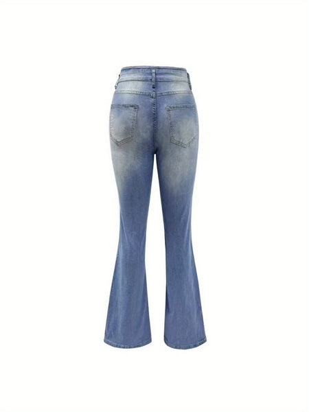 2025 New Women'S High-Stretch Flared Pants, Mid-Rise Fitted, Solid Hue, Suitable for All Seasons (55%, 43%, 2% Elastic Fiber), Button Closure, Pockets, Urban Style, Long - Out