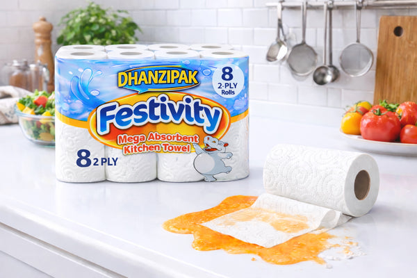 DHANZIPAK Kitchen Roll – 8 Pack, 2-Ply Mega Absorbent Paper Towels, 44 Sheets Per Roll, 8m Length Each