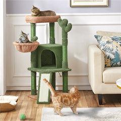 Costoffs Cat Tree, 107cm Cactus Cat Tree, Cat Furniture with Natural Sisal, Cactus Cat Tower with Platform, Condo, Basket, Scratching Posts, Board & Hanging Ball, Cat Furniture for Small/Medium Cats