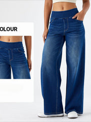 ' High Waisted Wide Jeans - Stretchy Pants with Multiple Pockets, -Washed - Casual Trousers for Jeanswear & Layering (Wide-Waisted Fit)