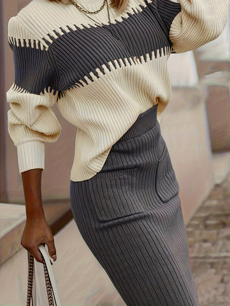 High Neck Pullover Skirt Split Two-Piece Color Block Contrast Thick Long Sleeve Sweater Set, Winter Wardrobe, Elegant Style, Color Block Design, Thick Fabric, Pullover Top, Long Sleeve Skirt, Women'S Fashion, Office Wear