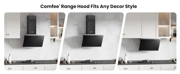Midea COMFEE' 60cm Angled Cooker Hood Energy Class A++ - Tempered Glass Extractor Hood with Touch Screen, LED Lights, Recirculating & Ducting System, Wall-Mounted Black Kitchen Fan, A Must-Have for Every Home Kitchen