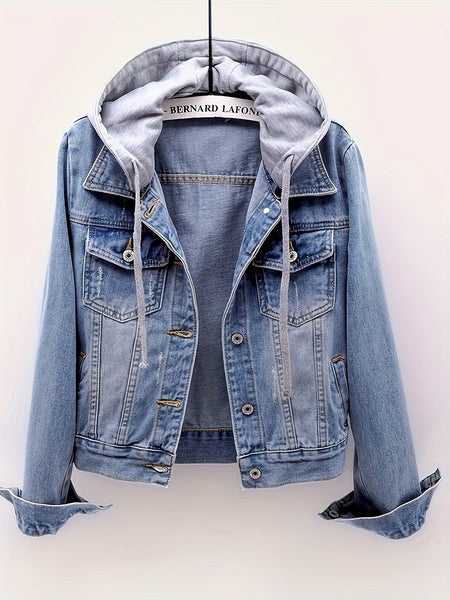 Women'S Detachable Hoodie Denim Jacket Casual Hooded Buttons Long Sleeve Jean Jackets Coat With Pockets, Suitable For Daily Commuting, Dates And Dinners