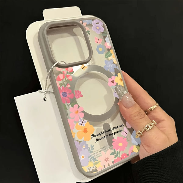 Pink Floral Magnetic Wireless Charging Anti-Drop Light Beige Case, Compatible with iPhone 16 Pro Max/15/14 Plus/13/12/11& Samsung Galaxy A56/A55/A54/A36/A35/A26/A25/A16/A15/A06/S25 Ultra/S24 FE/S23 Plus/S22