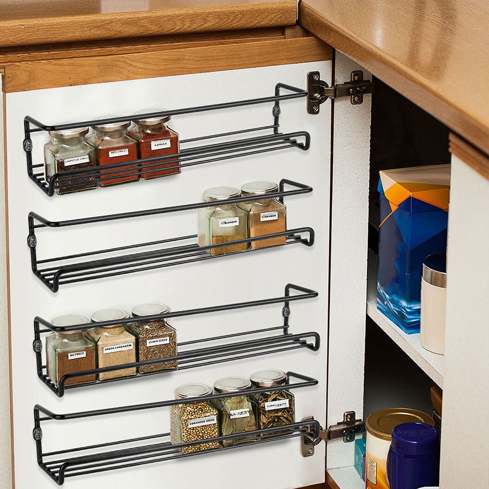 4 pieces, kitchen spice rack combination, no punching seasoning storage rack, metal wall mounted kitchen spice rack, layered storage of spices, seasonings, knives and forks, bathroom toiletries storage rack, cosmetics shelf, black