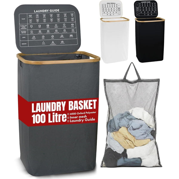 LKH Laundry Basket with Lid 100 litre | 600D Polyester Clothes Hamper for Laundry with Bamboo handles, Laundry Guide & Inner Mesh Bag | 44x33x70cm Laundry Basket Organizer for Dorm Laundry Room