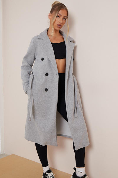 Women's Classy Solid Color Double Breasted Detachable Belted Pocket Pea Coat, Lapel Neck Long Sleeve Outerwear for Fall & Winter