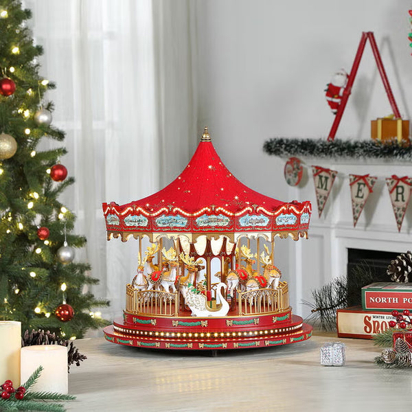17 Inch Nostalgic Deluxe Glass Embellished Carousel in Red