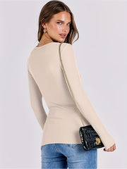 Circle Direction - 3pcs Spring/Autumn New Solid Color Round Neck Long Sleeve Loose Casual Women's T-Shirt, Machine Washable for Daily and Home Use