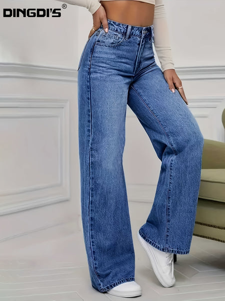 Women'S 2026 Autumn Winter New Stretch Straight-Leg Jeans, High-Waisted Loose Fit Jeans. Washed Blue Denim Trousers with Pockets, Tummy Control Comfort Pants, Elegant Ladies' Outfit, Wide Leg Casual Pants Suitable for Work, Travel And Office Wear