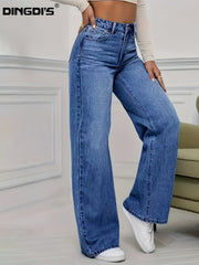 Women'S 2026 Autumn Winter New Stretch Straight-Leg Jeans, High-Waisted Loose Fit Jeans. Washed Blue Denim Trousers with Pockets, Tummy Control Comfort Pants, Elegant Ladies' Outfit, Wide Leg Casual Pants Suitable for Work, Travel And Office Wear
