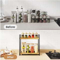 2 Tier Spice Racks Wood & Metal Organiser - Multipurpose Storage Shelf for Coffee Station, Bathroom Vanity, Kitchen Countertop (34x33x17cm) - Rustic British Home Decor
