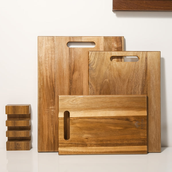 3pcs Acacia Wood Cutting Boards Set | Large Wooden Cutting Boards with Handle, Thick Chopping Boards for Meat, Fruit, Vegetables, and Cheese - Polished Surface, Safe