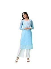 Estationeryhouse Women's Georgette Lucknowi chikankari kurti, Rose Design with Heavy Embroidery, Without Bottom