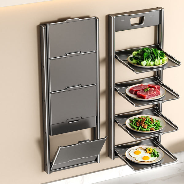 4-Tier Foldable Wall-Mounted Kitchen Prep Station & Space-Saving Shelf - Heavy-Duty Carbon Floating Shelves with Suction Cup Mount Suitable for Home & Restaurant Use, Foldable Organizer for Spice Rack, Dish Drying & Vegetable Prep