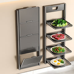 4-Tier Foldable Wall-Mounted Kitchen Prep Station & Space-Saving Shelf - Heavy-Duty Carbon Floating Shelves with Suction Cup Mount Suitable for Home & Restaurant Use, Foldable Organizer for Spice Rack, Dish Drying & Vegetable Prep