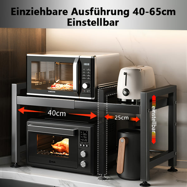 Extendable Black Kitchen Rack: 2 Tier Structure, 40 - 65cm, with 6 Hooks for Microwave Oven Holder, Utility Racks, Utility Racks