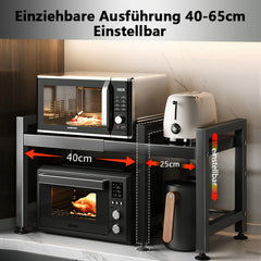 Extendable Black Kitchen Rack: 2 Tier Structure, 40 - 65cm, with 6 Hooks for Microwave Oven Holder, Utility Racks, Utility Racks