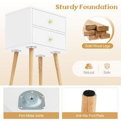 GYMAX Nightstand, Mid-century Modern Bedside Table with 2 Drawers, End Table with Solid Wood Support Legs for Small Spaces, Versatile in Living Room Bedroom, White