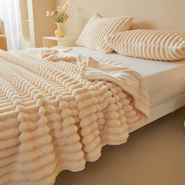 Premium Polyester Ribbed Throw Blanket Ultra Soft Faux Rabbit Fur Warm Lightweight Blanket for Home Office Camping All Seasons UK Brand Fast Delivery
