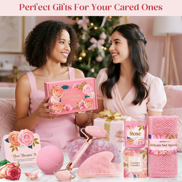 Bofuoos Spa Gifts for Women with Bath Bombs, Gua Sha Facial Tools, Face Roller, Candle, African Net Sponge, Luxurious Self Care Birthday Gifts for Her, Christmas Stocking Fillers 2025