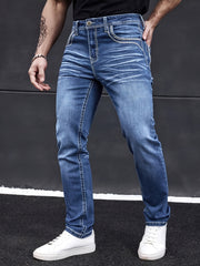 Men'S Elastic Washed Denim Jeans with Thick Line Embroidery on The Front And Back Pockets