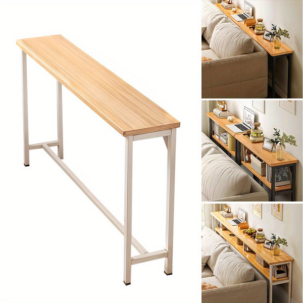 Minimalist Wooden Console Table - Slim Wall-Mounted Single/Double Tier Entryway Shelf with Carbon Steel Frame, Space-Saving Narrow Hallway Table, Bedroom/Living Room Table (80x20cm, MDF Wood + Black/White Metal)
