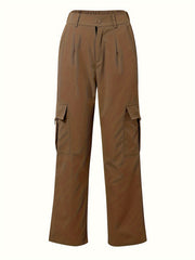 Flap Pocket Solid Color Cargo Pants, Y2K Slant Pocket Button Front Every Day Pants, Women's Clothing