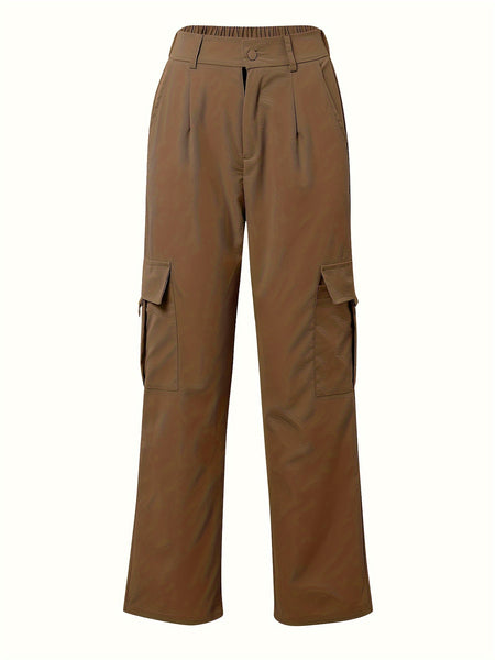 Flap Pocket Solid Color Cargo Pants, Y2K Slant Pocket Button Front Every Day Pants, Women's Clothing