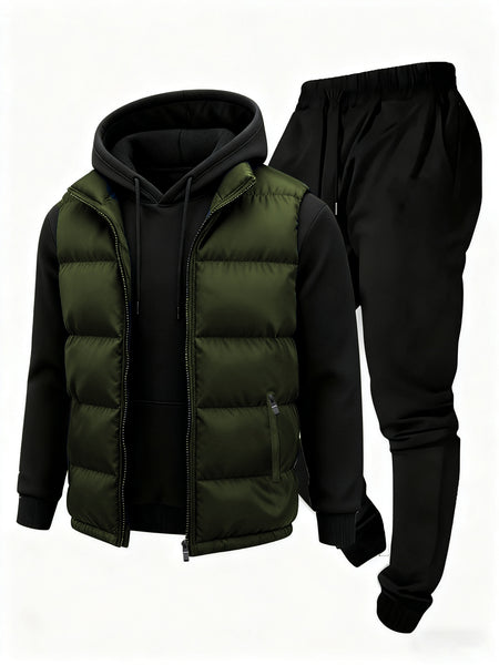 3pcs Vest Casual Set for Men Men's Casual Cartoon Drawstring Pocket Hoodie and Sports Drawstring Trousers Matching Set
