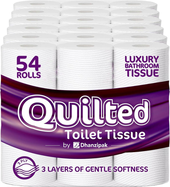 54 Rolls of 3-Ply Premium Quilted Toilet Paper | Generous Length per Roll | Luxuriously Soft, Strong & Highly Absorbent Toilet Tissue