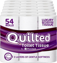 54 Rolls of 3-Ply Premium Quilted Toilet Paper | Generous Length per Roll | Luxuriously Soft, Strong & Highly Absorbent Toilet Tissue
