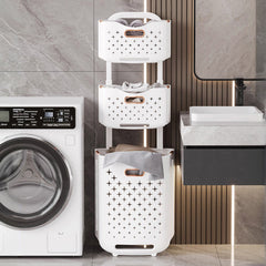 Three-Tier Laundry Basket with Wheels and Handle, Collapsible and Foldable Plastic Clothes Storage Bin, Portable Bathroom Storage Rack, Multifunctional Kitchen Organizer Basket. Compact Design, Sturdy and Durable. Dimensions: 39cm W x 29cm D x 115cm H.