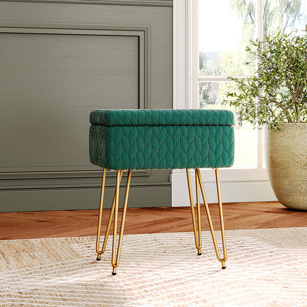 Padded Storage Footstool, Living Room Side Table with Tray, Sofa Footstool, Bedroom Dressing Stool - Features Large Built-in Storage, Non-Slip Metal Hairpin Legs, Includes Tray, Suitable for Living Rooms, Bedrooms, Hallways