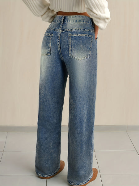 Women'S Y2K Street Style Straight Leg Jeans for Winter - Casual Denim Pants for in Retro Vintage Blue