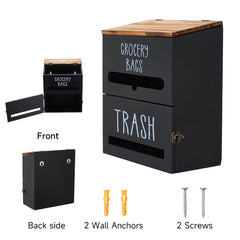 White/Black Two-Tier Wooden Trash Bag Storage Box Trash Bag Holder, Kitchen Plastic Wrap & Bag Organizer with Lid, Large Capacity Hanging Storage Container, Household Storage Accessories
