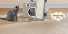 98cm Cat Tree, Cat Tower for Indoor Cats, Multi-Level Cats House Furniture with Scratching Post, 2 Caves, Large Platform, Scratching Ramp, Pompom, Light Grey