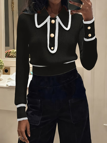 Women's Pullover Sweater for Autumn/Winter, Can Be Worn as an Inner or Outer Layer, Comfortable, Warm, Elegant, and Features a Spicy Design with a Spliced Lapel and Exquisite Metal Buttons. Suitable for Commuting, Dates, and Valentine's Day