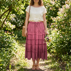 Women’s Vacation Tiered Maxi Skirt Elastic Waist Floral Embroidery Ruffle Hem - 20001