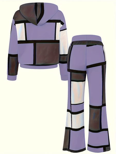 Casual Color Block 2pcs Set, Long Sleeve Hooded Top And Drawstring Pants, Women'S Clothing