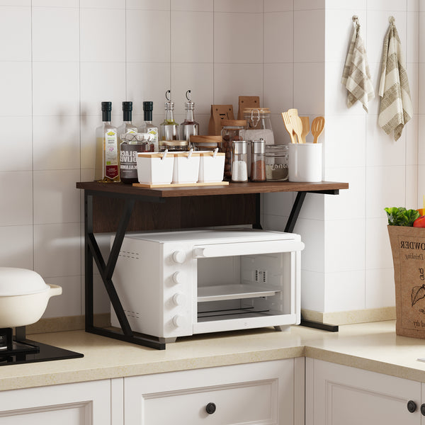 2-Tier Microwave Oven Shelf Stand, Kitchen Countertop Storage Rack Spices Rack Freestanding, Home Office Printer Stand Multifunctional Unit Shelving Wood Top Metal Frame