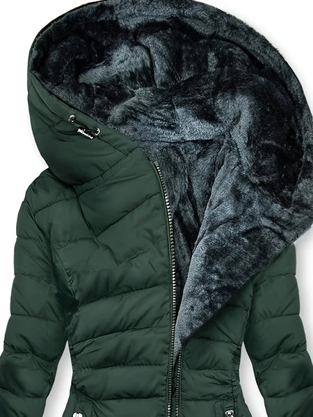 Women's Winter Fleece-Lined Hooded Jacket - Mid-Length Relaxed Fit Coat with Zipper Front, Long Sleeve Casual Outerwear for Cold Weather
