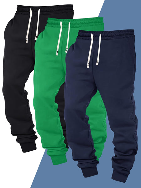 Three-pc Men's Solid Color Plain Elastic Waistband Drawstring Ribbed Cuffed Casual Jogger Pants, Men's Dress Administrative Trousers