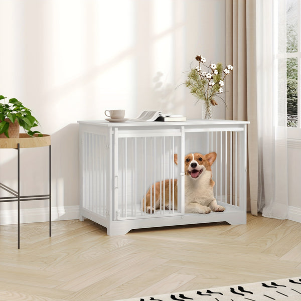 Dog Crate Furniture, 100.08cm Double Door Dog Crate with Barn Door, Dog Kennel Indoor, End Side Table Wooden Dog Crate for Small Medium Large Dog, Anti-Chew Anti-Escape, Greige, White