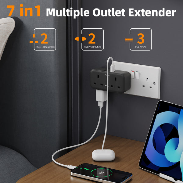baykul Multifunctional UK Plug Socket with 2 Standard UK Sockets, 2 Schuko Sockets, 3 USB Ports, Max 3250W, Surge Protection, Fire-Resistant Material, Compact and Lightweight for Home/Office/Travel Use ideal for Christmas travel