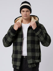 Men's Heavyweight -Lined Hooded Jacket - Full-Zip Plaid Thickened Shirt with Pockets and Adjustable Drawstring, Comfortable and Warm for Autumn and Winter